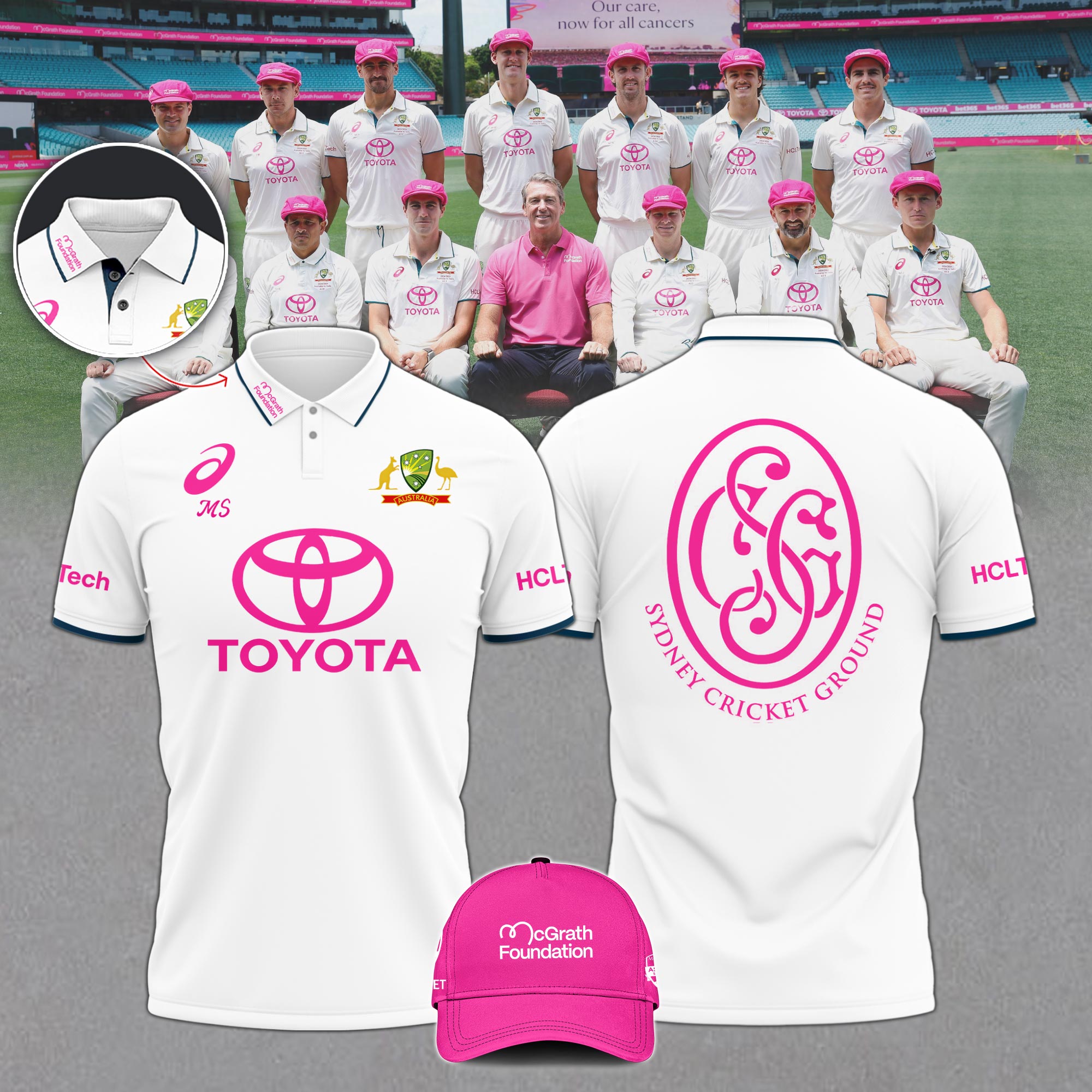 Cricket Team Australia National Shirt Pink Polo Breast Cancer Glenn McGrath v3 CUSTOM NAME NUMBER