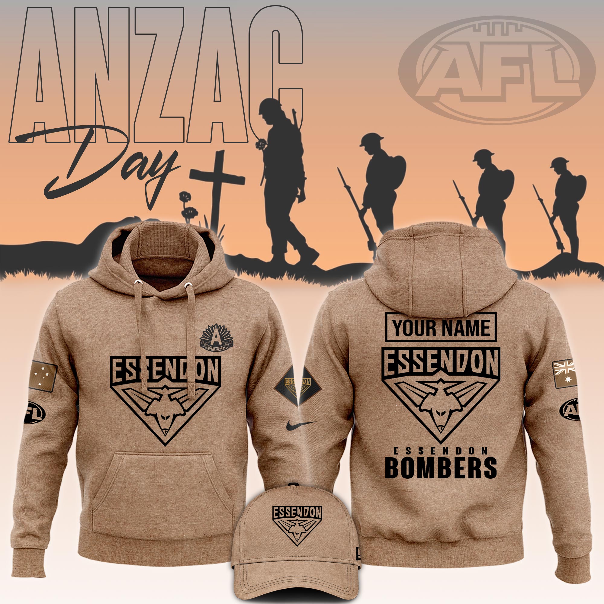 Essendon Bombers AFL Anzac Day New Hoodie  