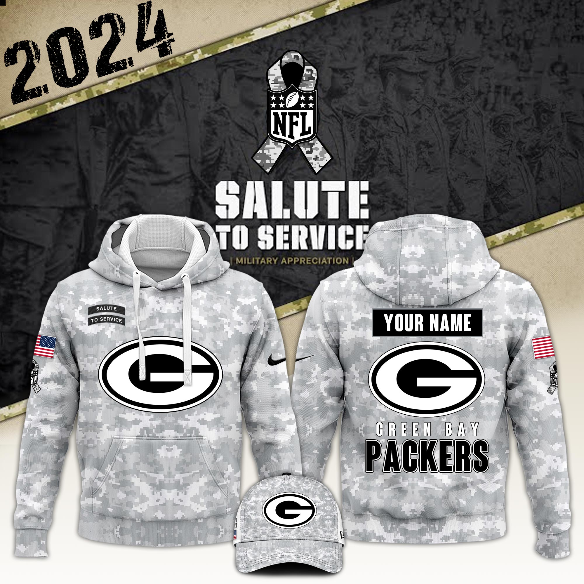 Green Bay Packers Hoodie Camo  Salute to Service Club   L2