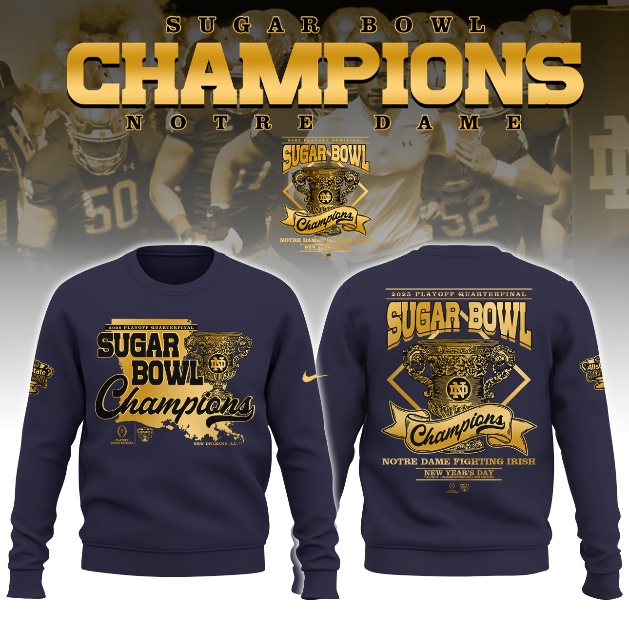 Notre Dame Fighting Irish x Sugar Bowl Champions   Zip Hoodie