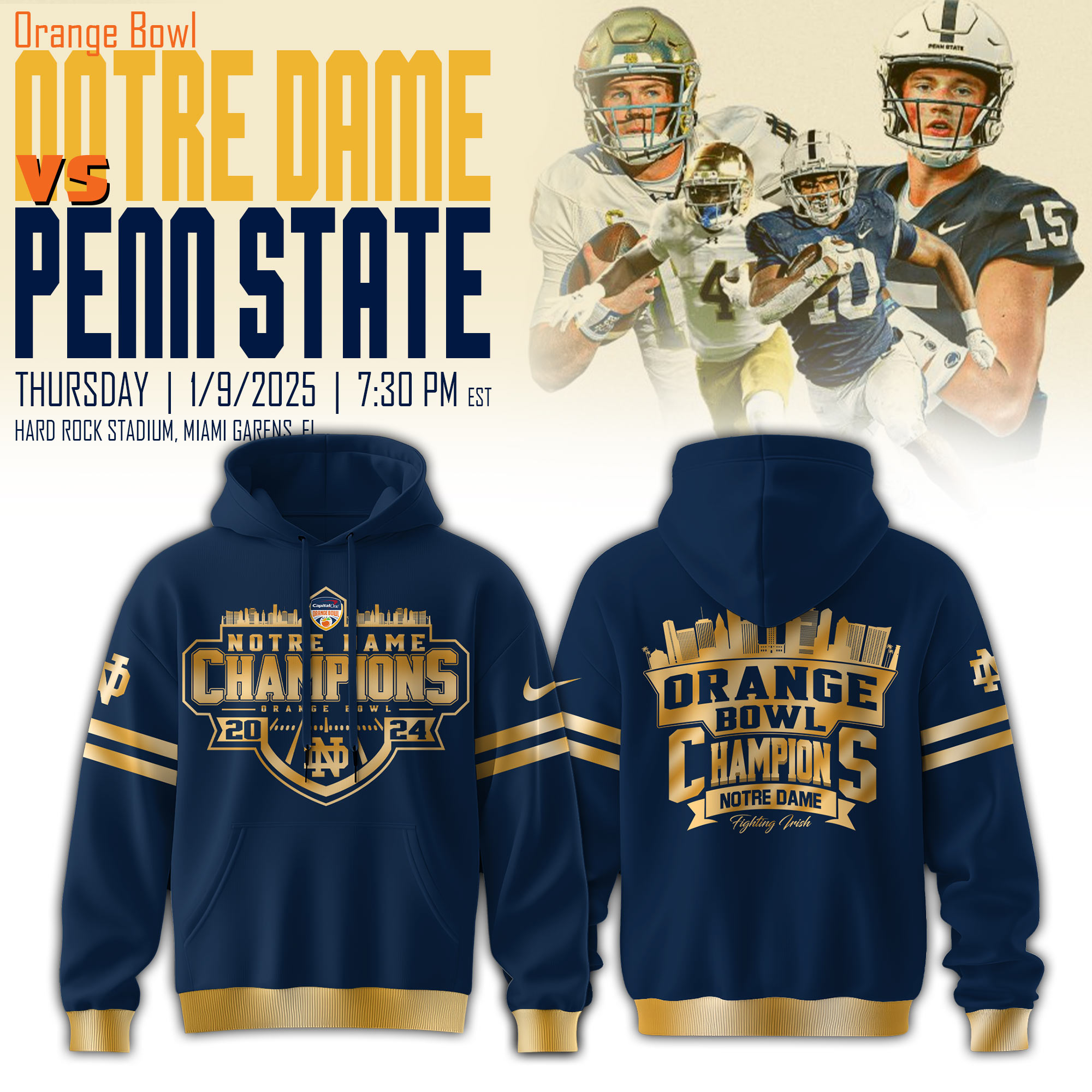 Notre Dame Football Orange Bowl Champions Hoodies  
