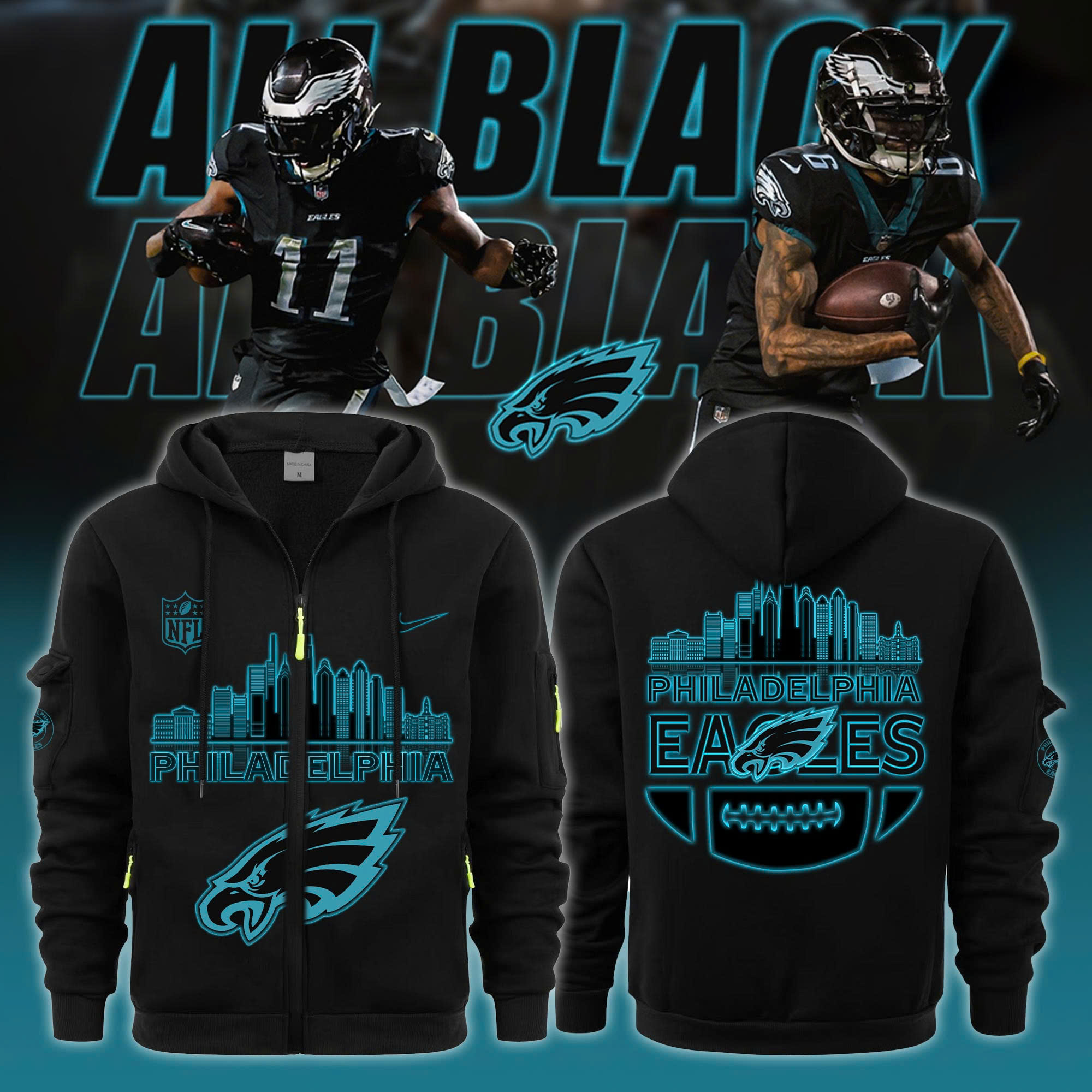 Philadelphia Eagles Black All   Hoodie 2025