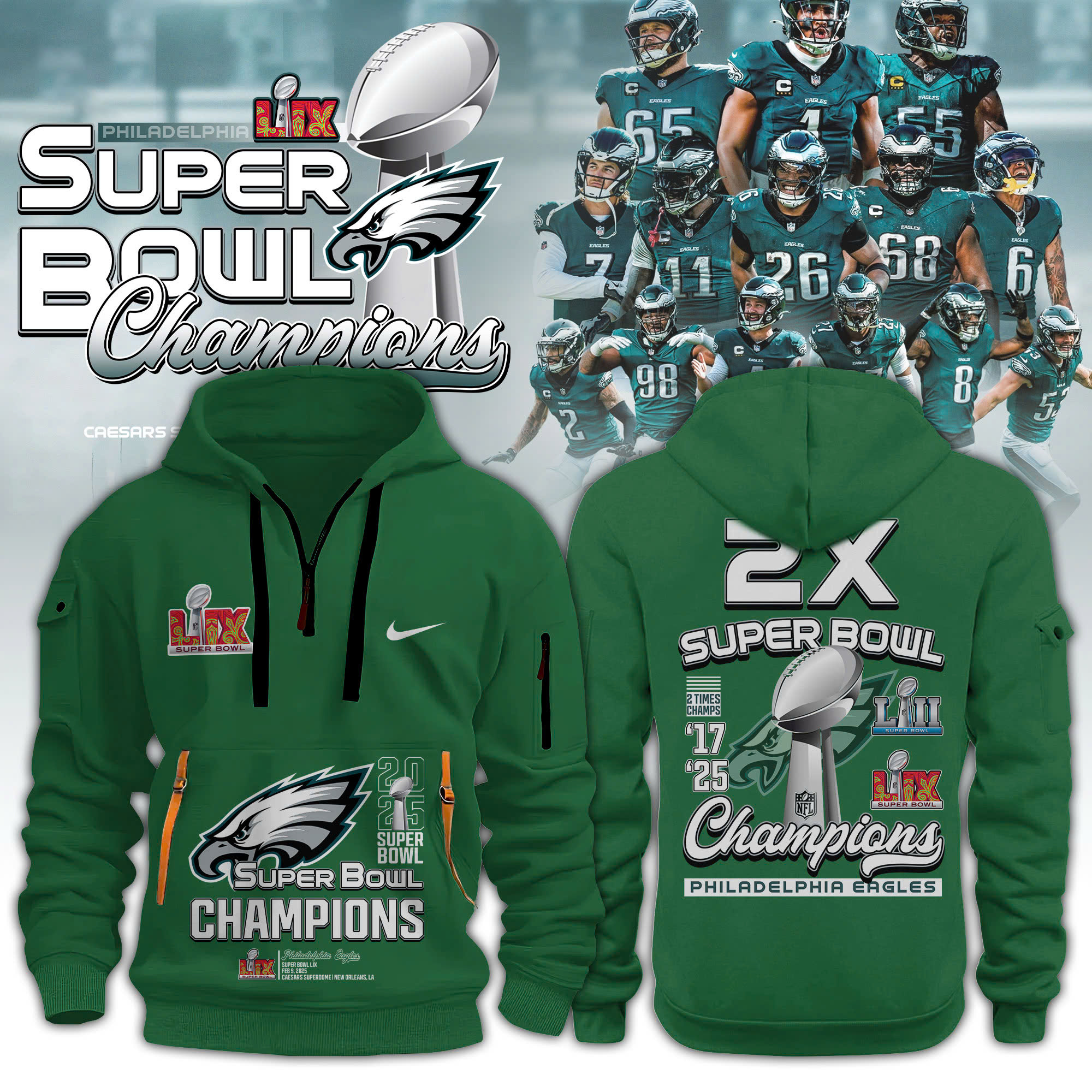 Philadelphia Eagles Super Bowl LIX Champions Hoodie Upgrade V2