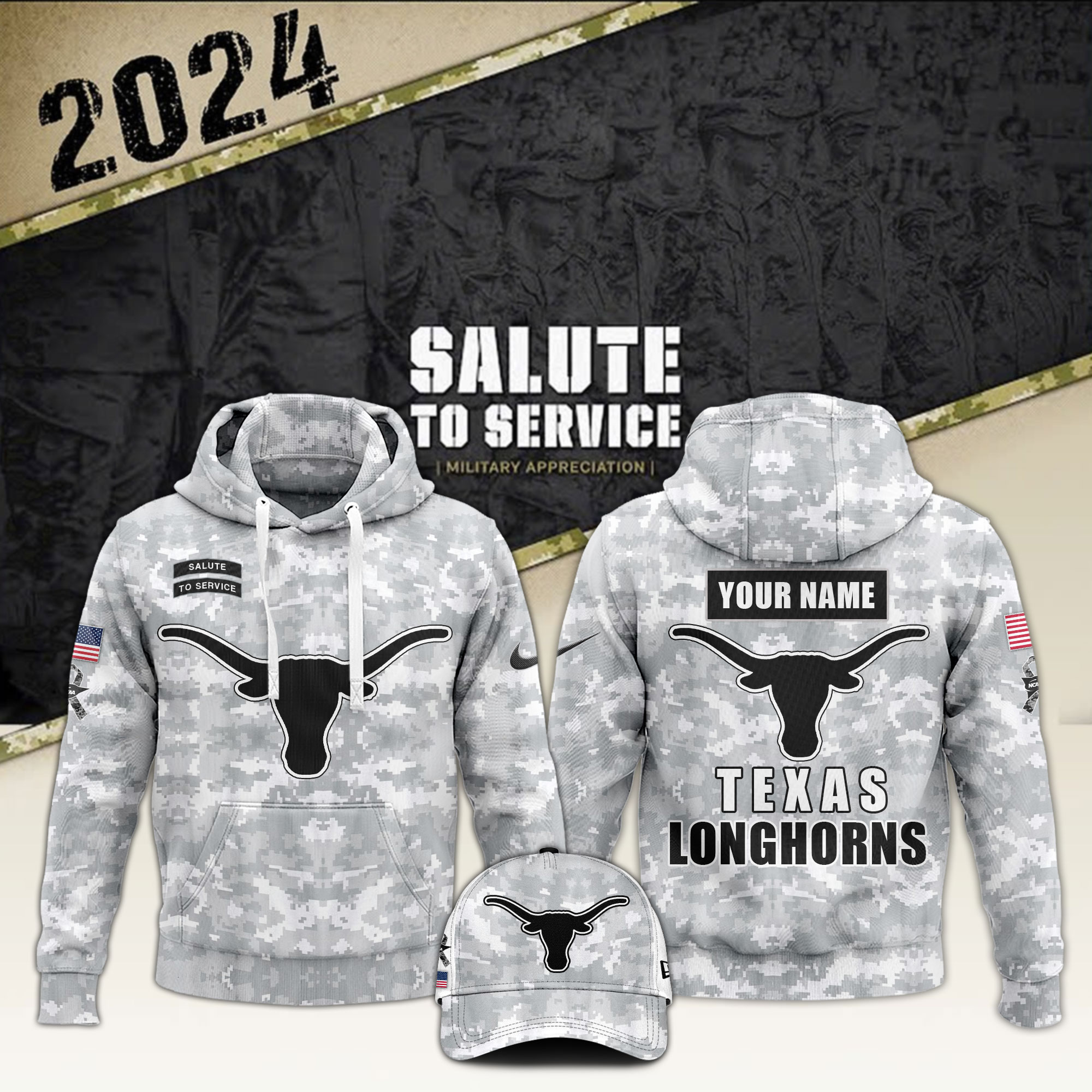 Texas Longhorns Football Arctic Camo Salute to Service Club Hoodie 2024